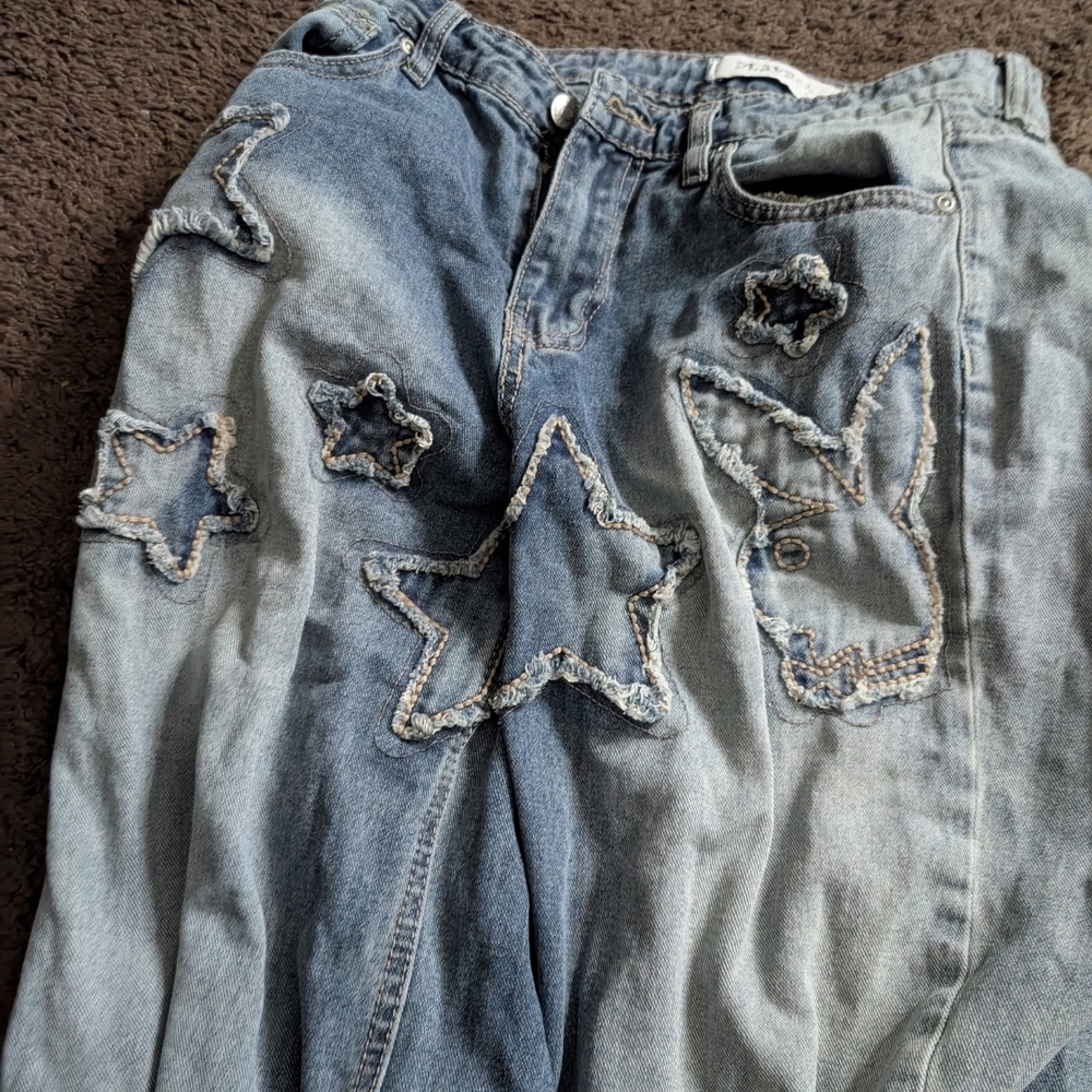 Blue Denim Women's Jeans with Star Embroidery